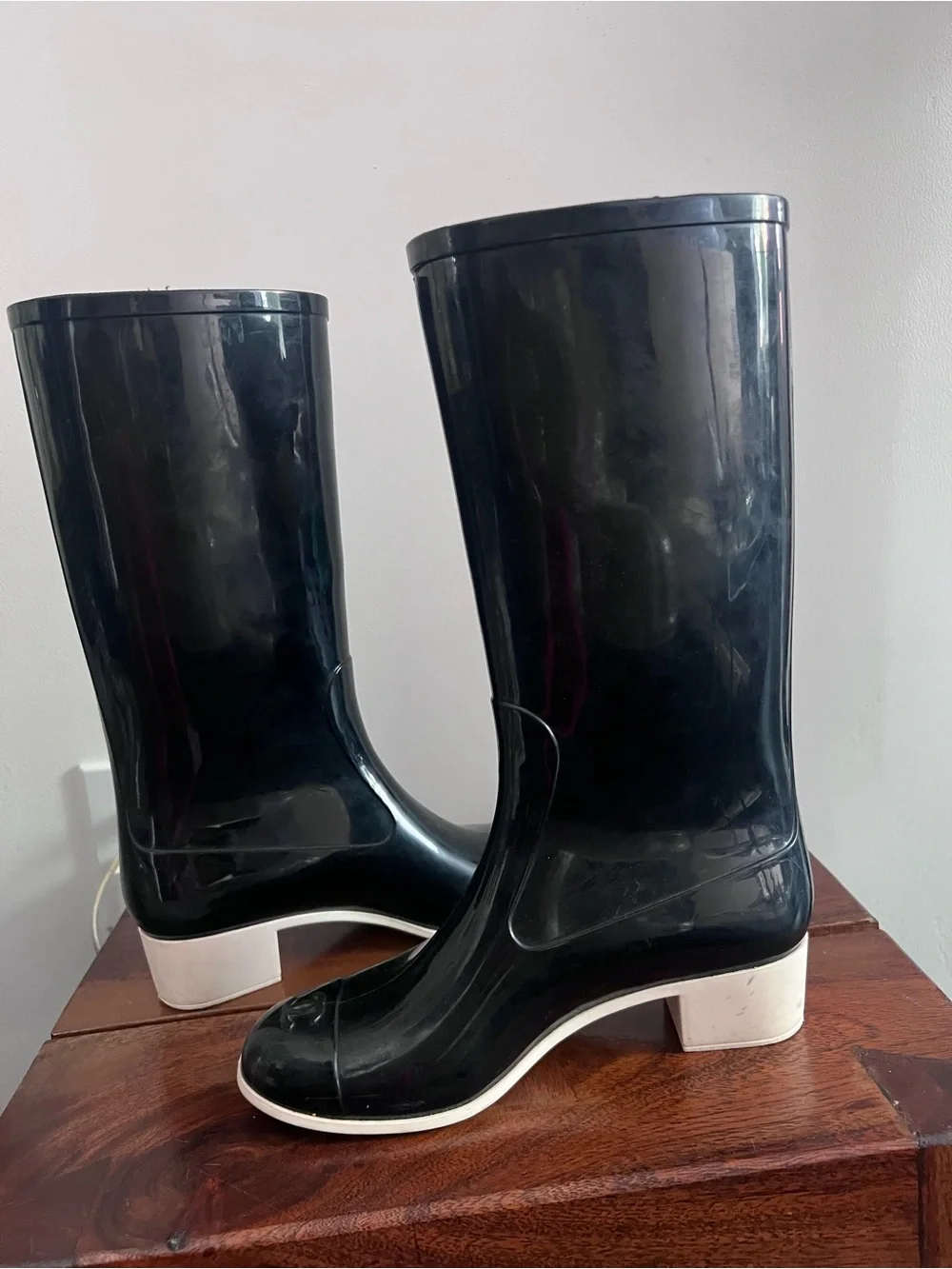 Women's Black Rain Boots with Cream and Black Camellias - Picture 7 of 11